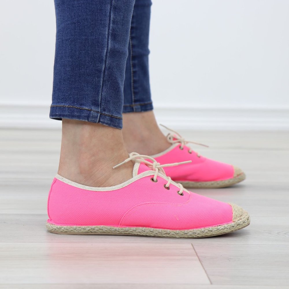 Neon Pink Light Weight Fabric Espadrille Flat Sneakers - Picture 3 of 12